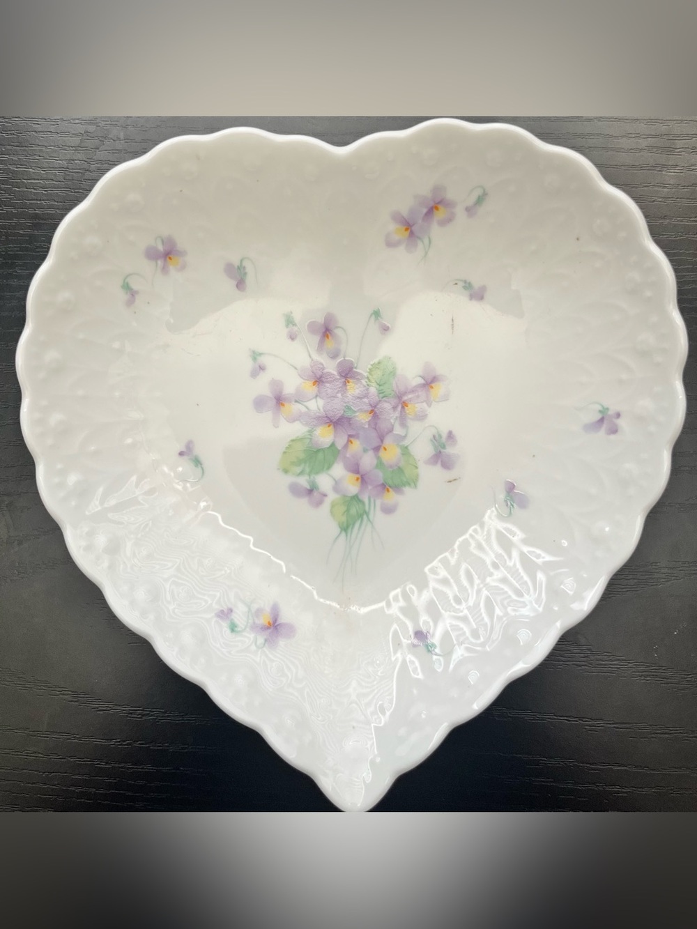 Mikasa Heart-Shaped porcelain dish With Purple Floral , “With Love”  6 1/4”